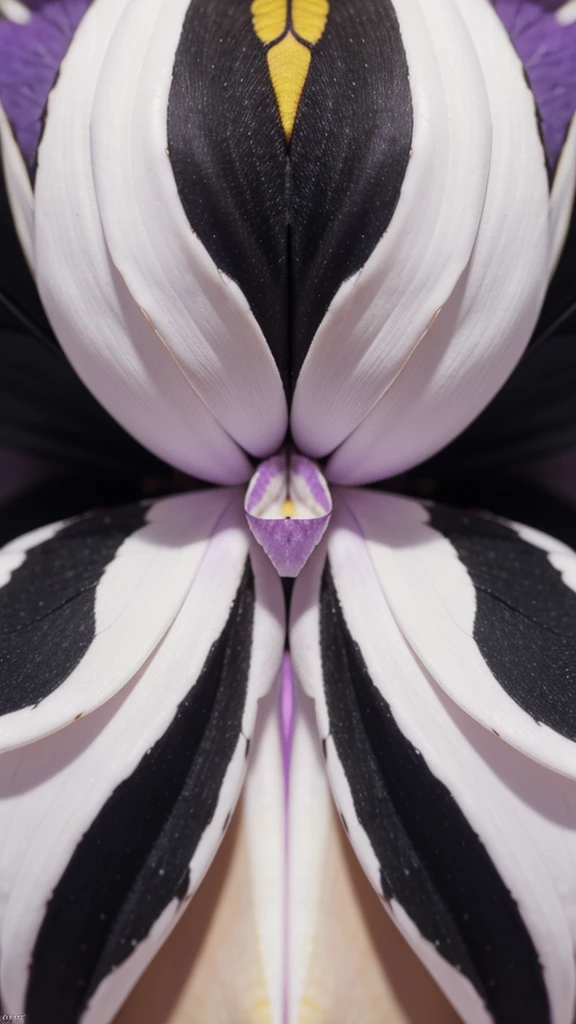 Hyper macro photograph detailed, 8k high definition dslr camera, a black butterfly with striking white yellow thorax settle on a purple orchids