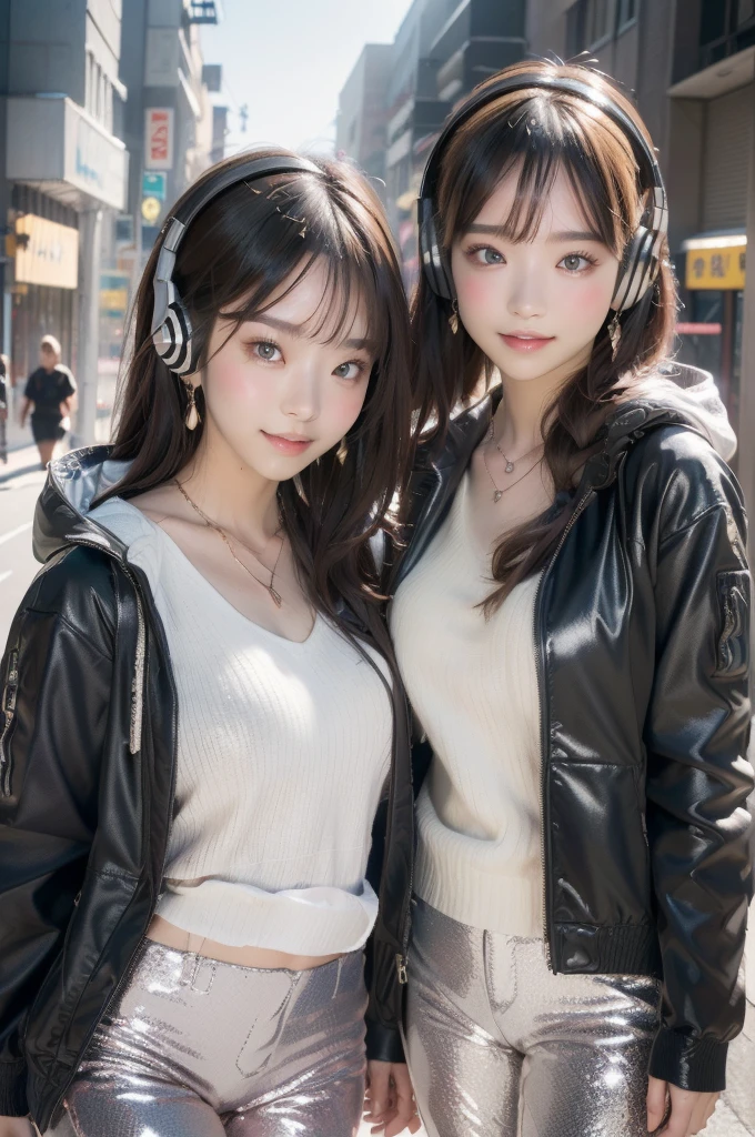 (((top-quality, 8K,超A high resolution、ultra-detailliert))),1girl in,female high-school student,a beauty girl,Street attire,((Hooded Neon Over Jacket,shortpants,backpack))、((Wearing large headphones around your neck))、(Shorthair with light brown hair,Colorful Extended Hair),perfectbody,skinny, Tied waist,Beautiful face, acurate, Anatomically correct, Highly detailed face and skin texture, Big eyes drawn in detail, Double eyelids, Thin eyebrows, Glitter Eyeliner: 1 Natural cheeks, Glossy skin, Fair skin: 1.2, (Glossy lips: 1.4),Highly detailed facial and skin texture, Detailed eyes, Double eyelids, Natural cheeks, , shiny lips: 1.4,Simple necklace and earrings,Smile and watch the viewer,Walking in the city,【Not blurry,profetional lighting,Professional effectasutepiece: 1.3), (max resolution: 1.2), (Ultra HDTV: 1.2),octanerender, Fujifilm X100, Intense cinematic shots, Shallow depth of field, Volumetric lighting, kintsugi,(8K、Raw photography、​masterpiece:1.4)、(realisitic、Photorealsitic:1.37)、Shot with CineStill 800T、(Extreme top quality:1.3)、((depth of fields:))、absurderes、(超A high resolution、extremery detailed CG、hight resolution、realisitic、ultra-detailliert、a picture、A hyper-realistic、ultra-detailliert、Cinematic atmosphere、8K UHD、insanely detaileda、trending on artstationh、awardwinning photo、extremely detailed photo、hight resolution:1.5)】No tags or text