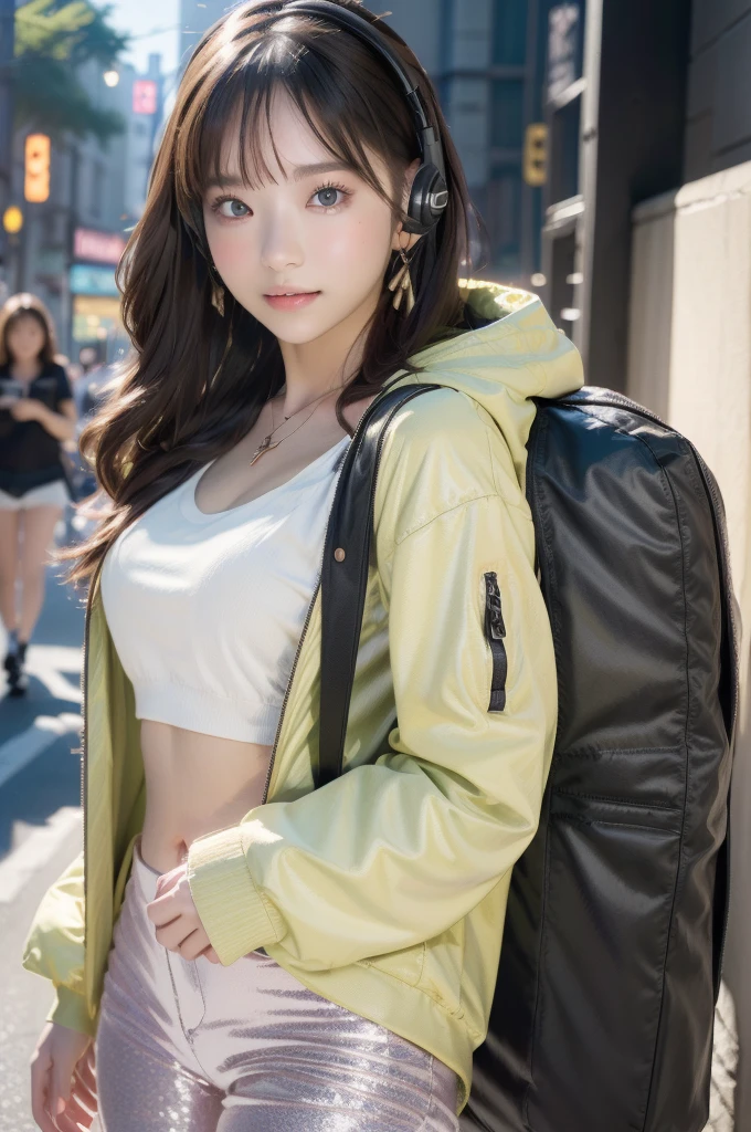 (((top-quality, 8K,超A high resolution、ultra-detailliert))),1girl in,female high-school student,a beauty girl,Street attire,((Hooded Neon Over Jacket,shortpants,backpack))、((Wearing large headphones around your neck))、(Shorthair with light brown hair,Colorful Extended Hair),perfectbody,skinny, Tied waist,Beautiful face, acurate, Anatomically correct, Highly detailed face and skin texture, Big eyes drawn in detail, Double eyelids, Thin eyebrows, Glitter Eyeliner: 1 Natural cheeks, Glossy skin, Fair skin: 1.2, (Glossy lips: 1.4),Highly detailed facial and skin texture, Detailed eyes, Double eyelids, Natural cheeks, , shiny lips: 1.4,Simple necklace and earrings,Smile and watch the viewer,Walking in the city,【Not blurry,profetional lighting,Professional effectasutepiece: 1.3), (max resolution: 1.2), (Ultra HDTV: 1.2),octanerender, Fujifilm X100, Intense cinematic shots, Shallow depth of field, Volumetric lighting, kintsugi,(8K、Raw photography、​masterpiece:1.4)、(realisitic、Photorealsitic:1.37)、Shot with CineStill 800T、(Extreme top quality:1.3)、((depth of fields:))、absurderes、(超A high resolution、extremery detailed CG、hight resolution、realisitic、ultra-detailliert、a picture、A hyper-realistic、ultra-detailliert、Cinematic atmosphere、8K UHD、insanely detaileda、trending on artstationh、awardwinning photo、extremely detailed photo、hight resolution:1.5)】No tags or text