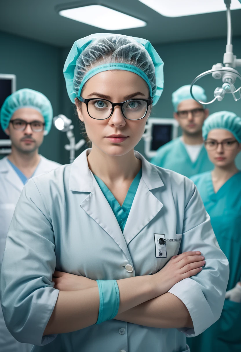 (Wearing Glasses, clear face), doctors wearing frameless glasses in the operating room, with focused eyes under the glasses, showing respect for life. The background is complex surgical equipment, full body, (Photography), panoramic view, award-winning, cinematic still, emotional, vignette, dynamic, vivid, (masterpiece, best quality, Professional, perfect composition, very aesthetic, absurdres, ultra-detailed, intricate details:1.3)