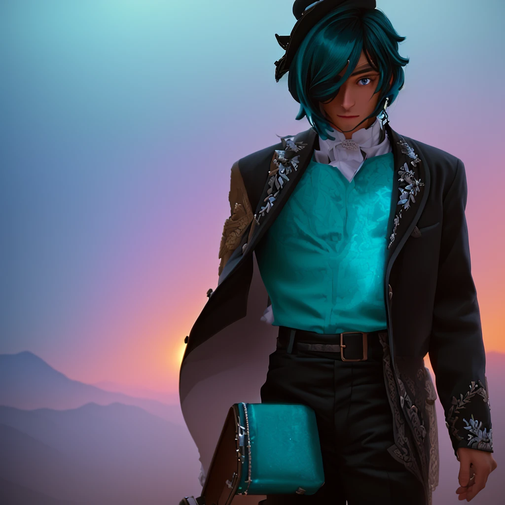 A man is walking along the road, with a guitar case in his right hand. He wears a Mexican sombrero on his head, and he is also wearing a black jacket, black trousers and shoes. mariachi, The right eye is hidden by a black patch.. Kaeya Alberich (Genshin Impact), A very slender young man. with dark skin, dark turquoise hair and blue-lilac eyes, high quality and detail, (ultra-high detail:1.2), masterpiece, Best quality, ultra–detailed, cinematic lighting, 8K, delicate features, cinematic, 35mm lens, w/1.9, Backlight lighting, global lighting -uplight –v 4, cinematic lighting, 8K, high quality, top quality, (focus only), (extremely difficult:1.3), (realistic), masterful, analog style, (graininess:1.5), (warm shade, cold tone).