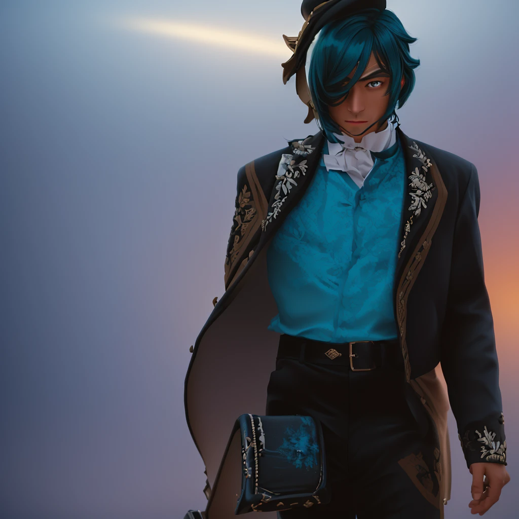 A man is walking along the road, with a guitar case in his right hand. He wears a Mexican sombrero on his head, and he is also wearing a black jacket, black trousers and shoes. mariachi, The right eye is hidden by a black patch.. Kaeya Alberich (Genshin Impact), A very slender young man. with dark skin, dark turquoise hair and blue-lilac eyes, high quality and detail, (ultra-high detail:1.2), masterpiece, Best quality, ultra–detailed, cinematic lighting, 8K, delicate features, cinematic, 35mm lens, w/1.9, Backlight lighting, global lighting -uplight –v 4, cinematic lighting, 8K, high quality, top quality, (focus only), (extremely difficult:1.3), (realistic), masterful, analog style, (graininess:1.5), (warm shade, cold tone).