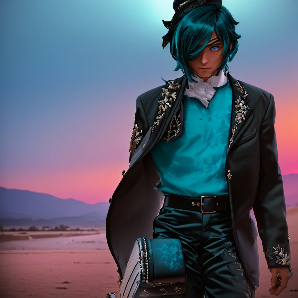 A man is walking along the road, with a guitar case in his right hand. He wears a Mexican sombrero on his head, and he is also wearing a black jacket, black trousers and shoes. mariachi, The right eye is hidden by a black patch.. Kaeya Alberich (Genshin Impact), A very slender young man. with dark skin, dark turquoise hair and blue-lilac eyes, high quality and detail, (ultra-high detail:1.2), masterpiece, Best quality, ultra–detailed, cinematic lighting, 8K, delicate features, cinematic, 35mm lens, w/1.9, Backlight lighting, global lighting -uplight –v 4, cinematic lighting, 8K, high quality, top quality, (focus only), (extremely difficult:1.3), (realistic), masterful, analog style, (graininess:1.5), (warm shade, cold tone).