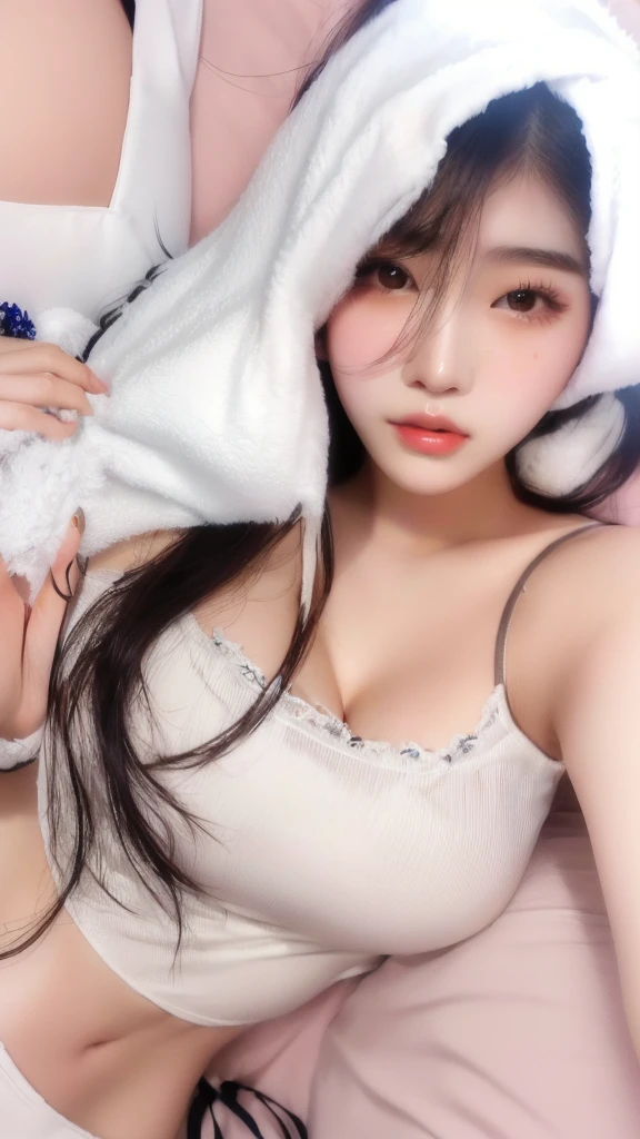 araffe asian woman laying in bed with teddy bear and white shirt, korean girl, beautiful south korean woman, gorgeous young korean woman, beautiful young korean woman, korean woman, gorgeous chinese model, sakimichan, beautiful asian girl, good young girl, 19-year-old girl, 18 years old, young and cute girl, jaeyeon nam, large breasts, cleavage, realistis