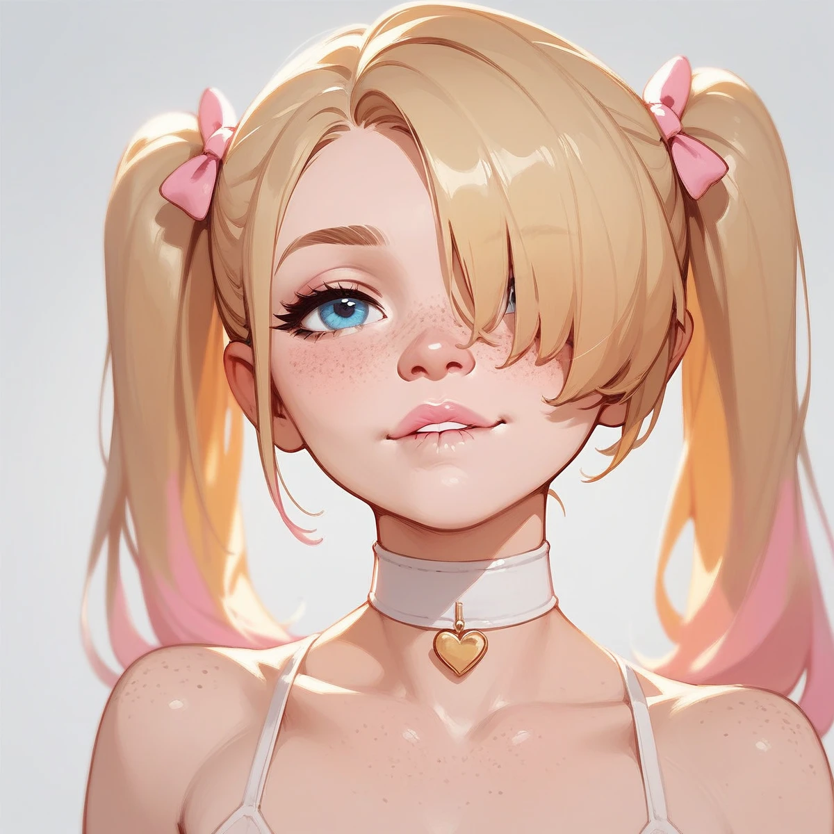 score_9,score_8_up,score_7_up,score_6_up,score_5_up,score_4_up,
1girl, pretty girl, blonde hair, in twintails, hair over 1 eye, cute nose. biting lip, seductive, white choker, pink lips, freckles,