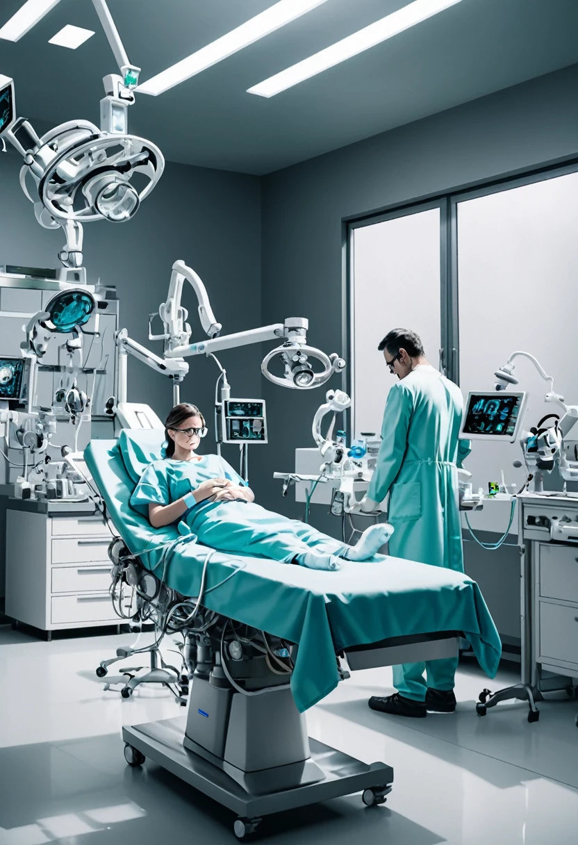 (Wearing Glasses, clear face), doctors wearing frameless glasses in the operating room, with focused eyes under the glasses, showing respect for life. The background is complex surgical equipment, full body, (Photography), panoramic view, award-winning, cinematic still, emotional, vignette, dynamic, vivid, (masterpiece, best quality, Professional, perfect composition, very aesthetic, absurdres, ultra-detailed, intricate details:1.3)