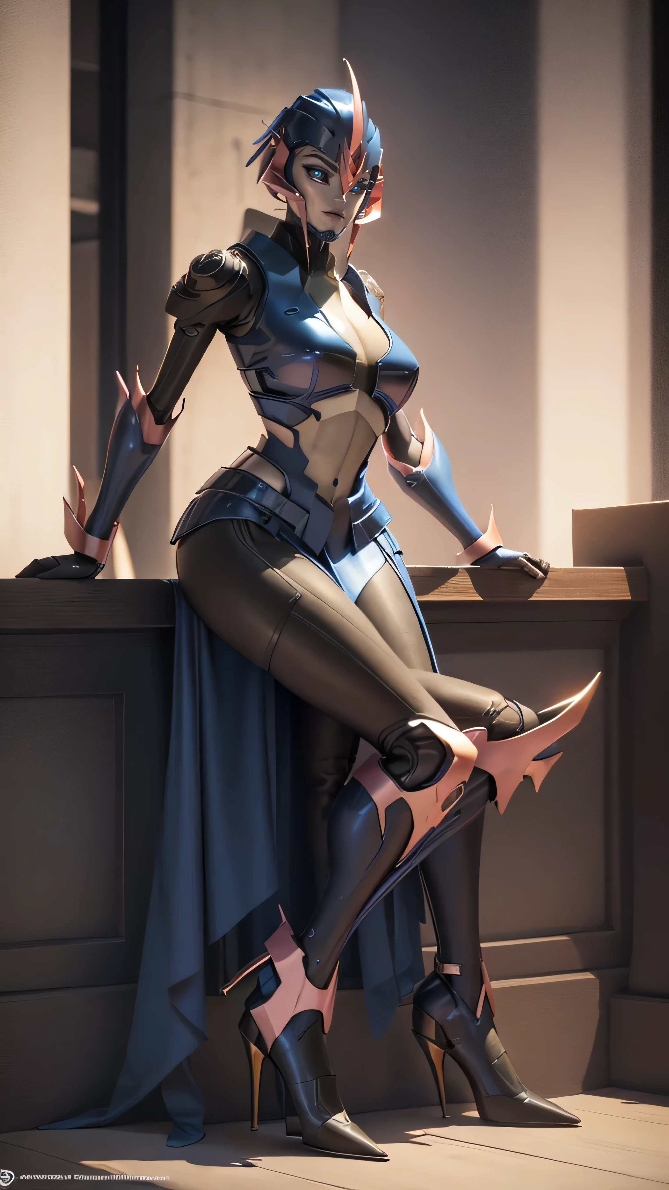 ,Arcee, solo,cleavage, ((whole body and legs in frame)), full body, soft lighting, nightclub, high heel pumps,big hips ,sitting,(detailed face) (detailed eyes) (detailed lips), dress,