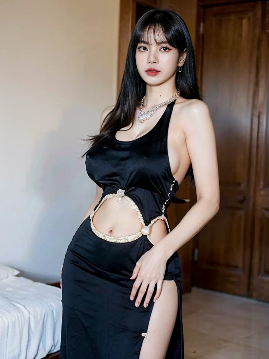 Lisa has long hair, lisa blackpink, Lalisa manoban, Lisa face shape, standing pose，big breasts sexy，masterpiece,Need,realistic，high-definition，Natural sunlight，，16K,Top CG, Highest image quality, masterpiece, Gentle and beautiful girl, (185cm美女), (fit), Imperial sister, Queen temperament, White skin, ((Long legs)), perfect facial features, Bright Eyes, Seductive pose, pink lips, Beautiful and cold (A major breakthrough)), Beautiful and heroic, Soft and long hair, Glittering, Lace, net, Visible through clear skin, diamond earrings, ruby neckLace, (Black evening gown), 8K Image Quality, (Realistic Portraits), Characters fill the screen, (Facial lighting), ((eternal)),huge breast huge pelvis thick thighs, realistic facial features realistic facial harmony realistic lips realistic eyes realistic looks,full body portrait, (chubby milf:1.3),((standing position)),((perfect dressed )),((huge pelvis)),((standing)),((wearing diamond ornaments )),(((Wearing black tight maxi dress sexy dress))),((High moaning expression)),(front view),(((huge breast huge pelvis thick thighs))),((wearing black tight maxi dress sexy black dress )),((huge gigantic breast huge pelvis thick thighs)),((posing her body on bed)),(huge breast:2),(huge pelvis:2),(thick thighs:2)((wearing black tight maxi dress sexy maxi dress))