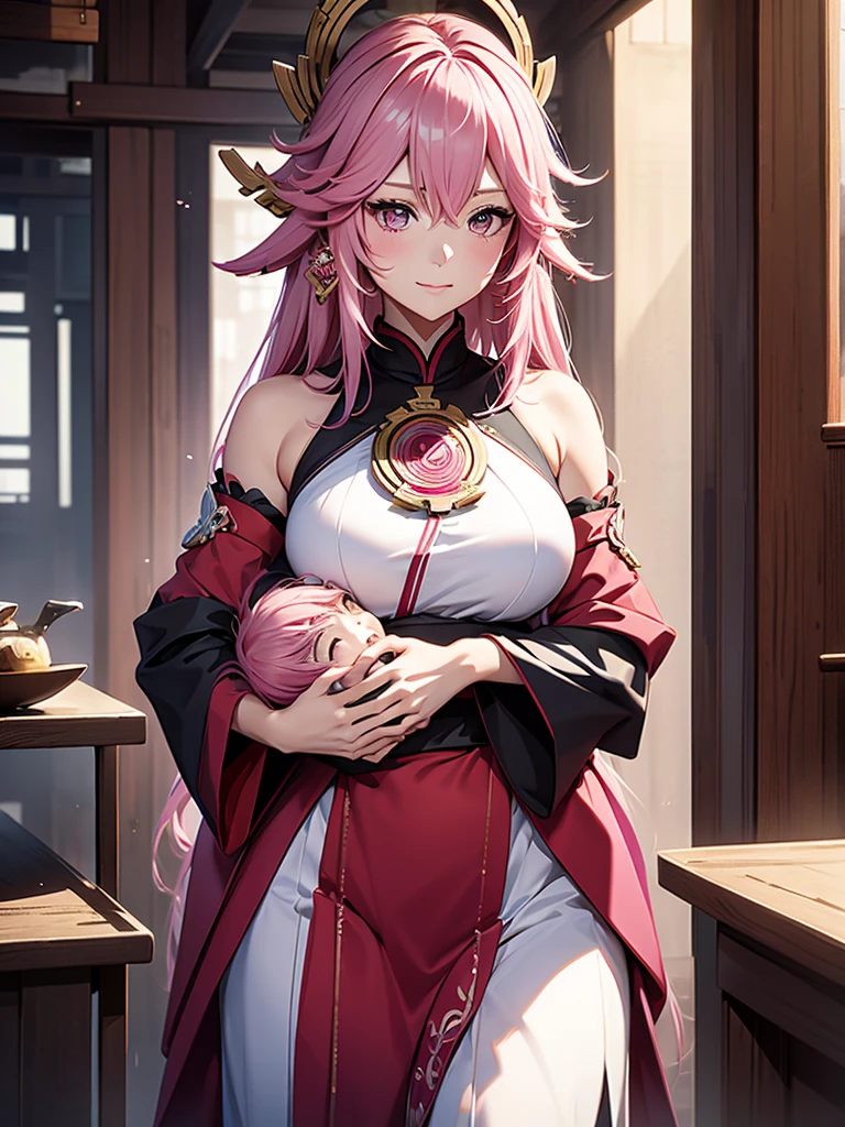 Yae miko, 1woman, as a mother, holding a , pink colour hair, 8k, high detailed, high quality