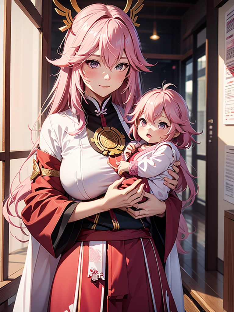 Yae miko, 1woman, as a mother, holding a , pink colour hair, 8k, high detailed, high quality