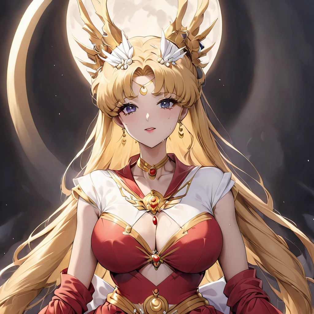 ((Highest quality)), ((masterpiece)), (detailed), (Perfect Face)、The woman has a black inverted crescent moon mark on her forehead, is wearing a gorgeous and glittering red Hanfu, and is an empress wearing a phoenix crown with gorgeous jeweled accessories.、The woman is Black Serenity, the elegant Empress of the Black Moon of the Black Moon Clan, and has blonde hair.2The woman with long hair tied up is Princess Serenity