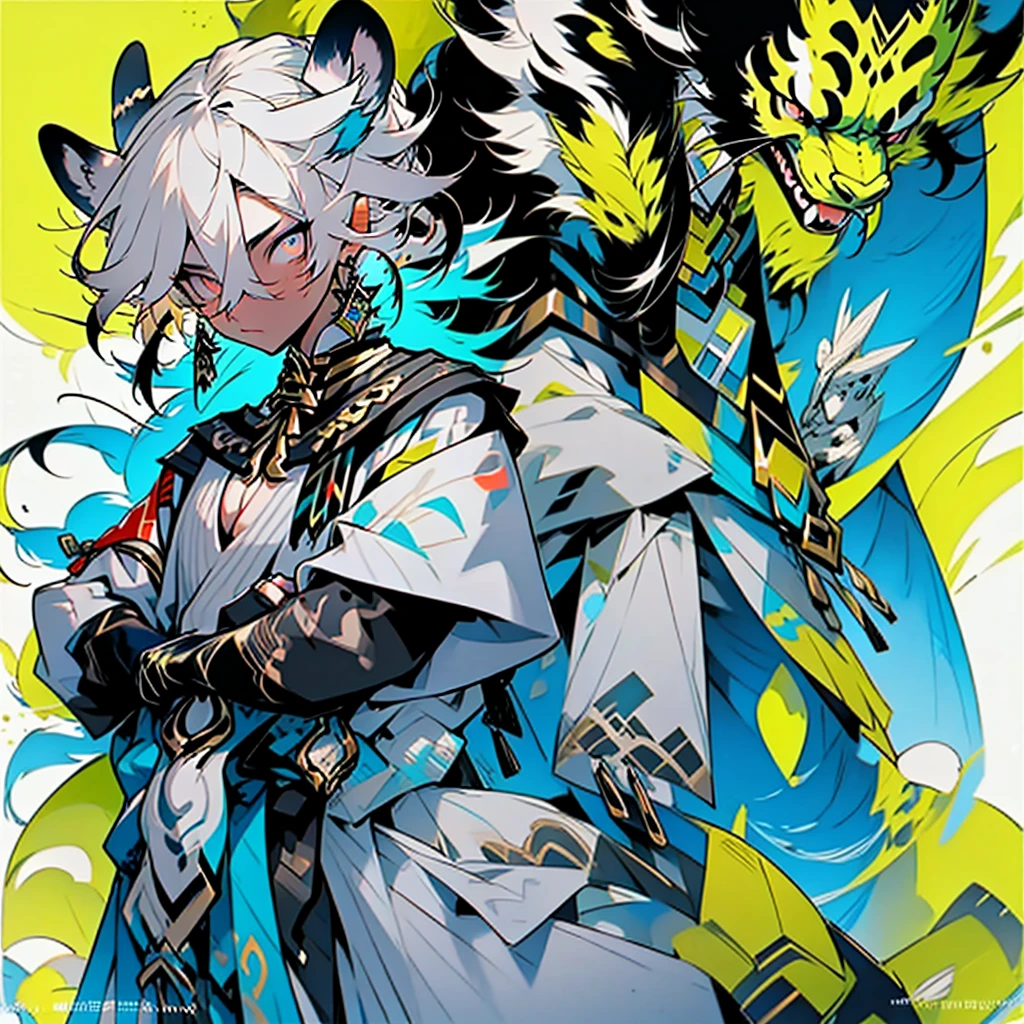 anime reference sheet,young guy, Unique messy black hair with white highlights at the end of her hair,various hair styles,blue eyes,various styles of clothing,contrasting colors,simple background, various angles,several unique poses,snow leopard ears and tail