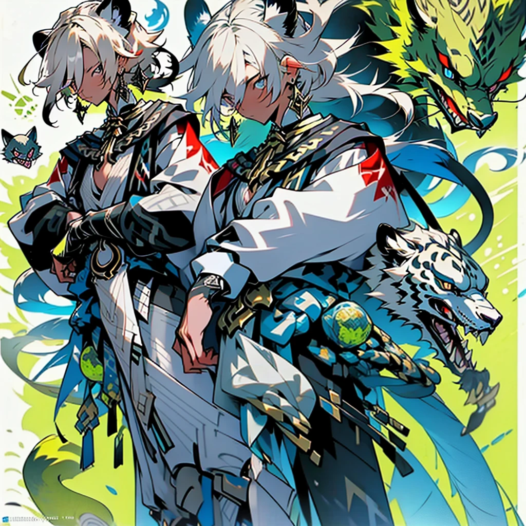 anime reference sheet,young guy, Unique messy black hair with white highlights at the end of her hair,various hair styles,blue eyes,various styles of clothing,contrasting colors,simple background, various angles,several unique poses,snow leopard ears and tail