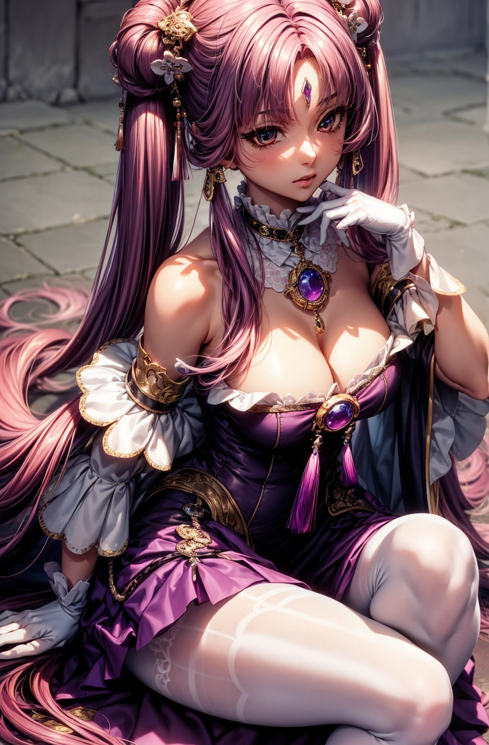 masterpiece, best quality, detailed face, detailed eyes, 8K,1lady,fuxuan,purple pinkish hair, long hair, twintails, hair rings, hair ornament, forehead jewel, brown eyes, detached collar, dress, bare shoulders, tassel, white gloves, white pantyhose, background, large breasts, mature look,