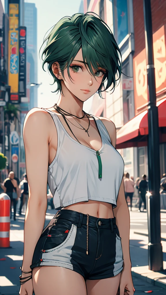 1 Female, Tamaki, green short hair, hair between eyes, Street fashion, boyish