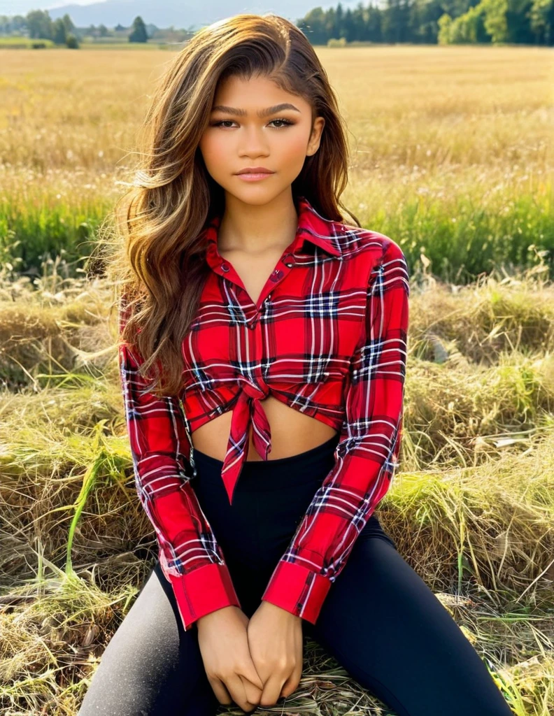 A Beautiful Zendaya, 24 years old, long hair, sweet eyes, sweet face, wide hips, perfect body, red plaid knot shirt, black leggings, in a field, sun, summer, front view, looking at viewer, average upper body photo