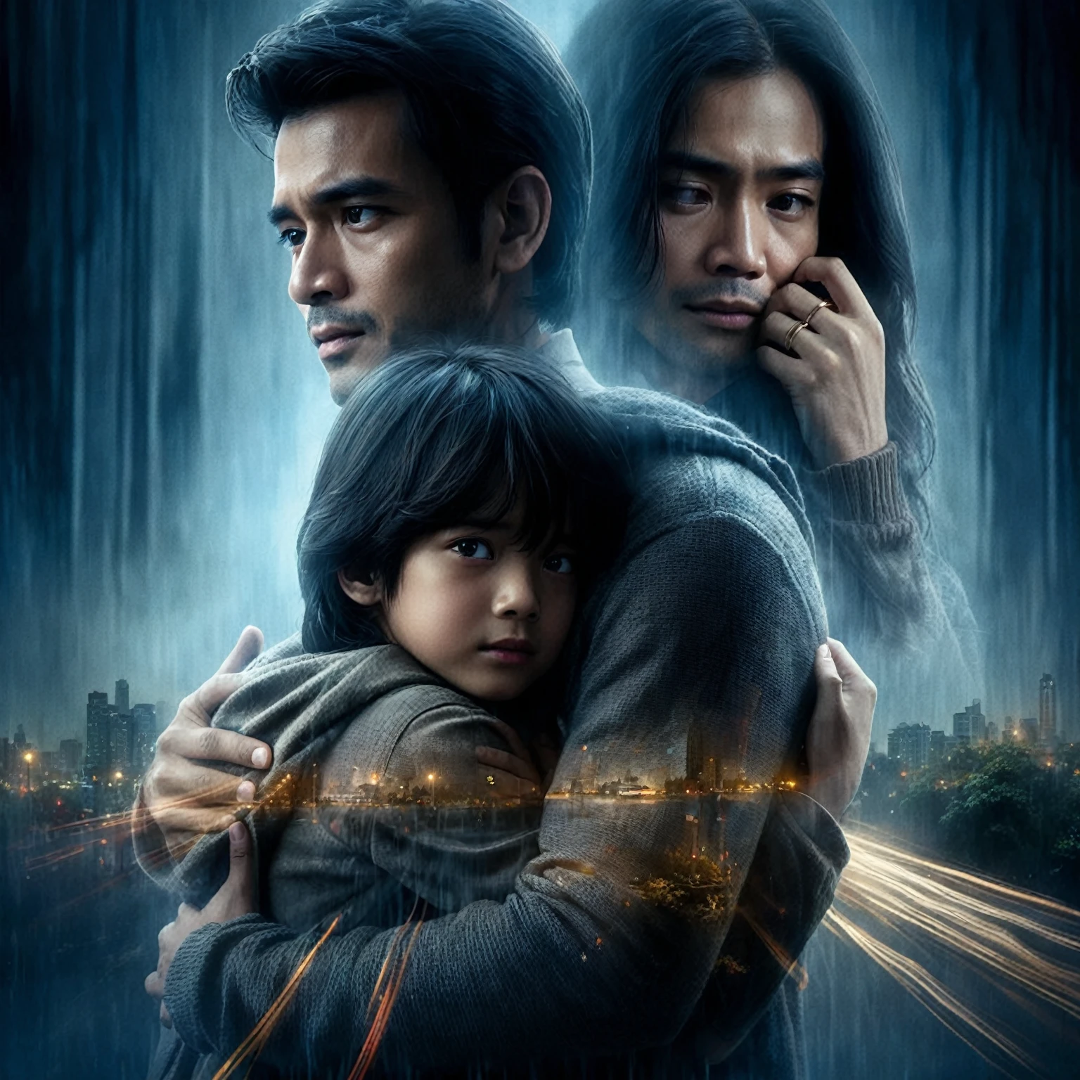 Indonesian romance film poster, about long distance love, close up shot of a man and a 10 year old boy walking in a park while hugging, in the background there is a woman with long hair crying trying to reach at of them, they are gaze at the camera, focus on faces, stunning depiction of a realism surreal film poster, Amazing dark blue background with the shadow of a malay city, fogging effect, city lighting, photorealistic, UHD 1536px, high quality photos.