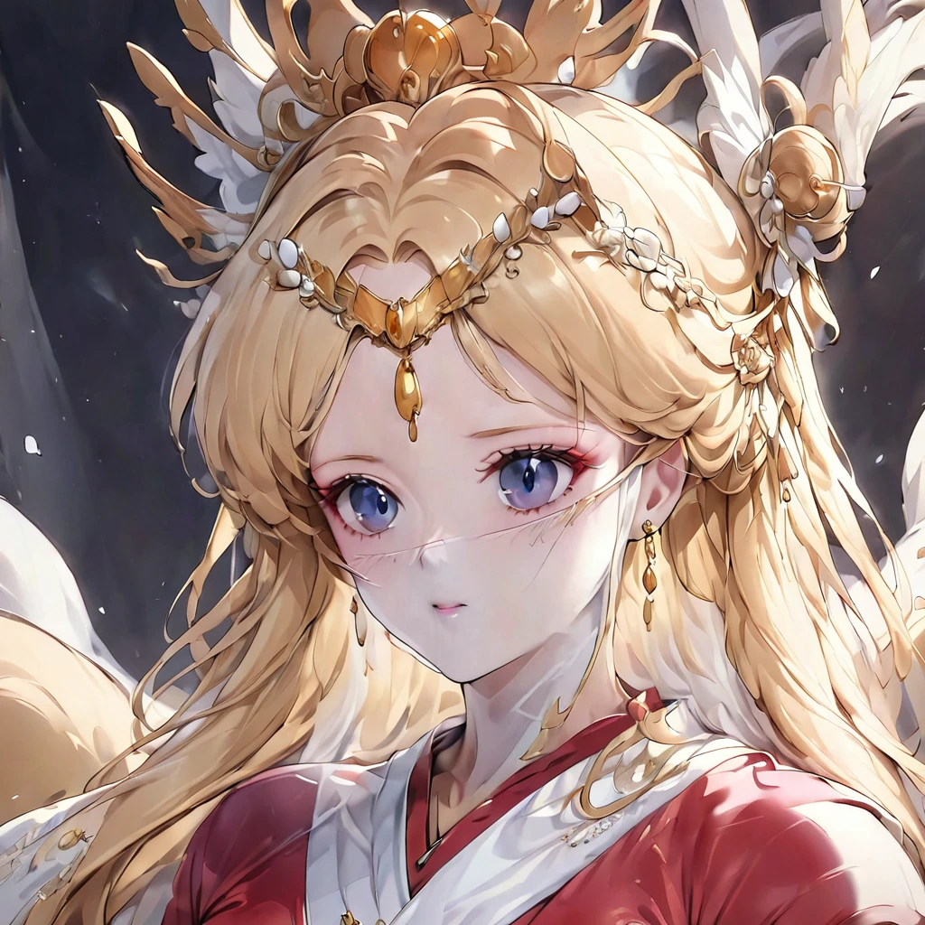((Highest quality)), ((masterpiece)), (detailed), (Perfect Face)、The woman is an empress wearing a gorgeous and glittering red Hanfu, luxurious jeweled accessories and a phoenix crown.、The woman is the elegant Empress Queen Serenity with blonde hair.2With her long hair tied up, she is Queen Serenity