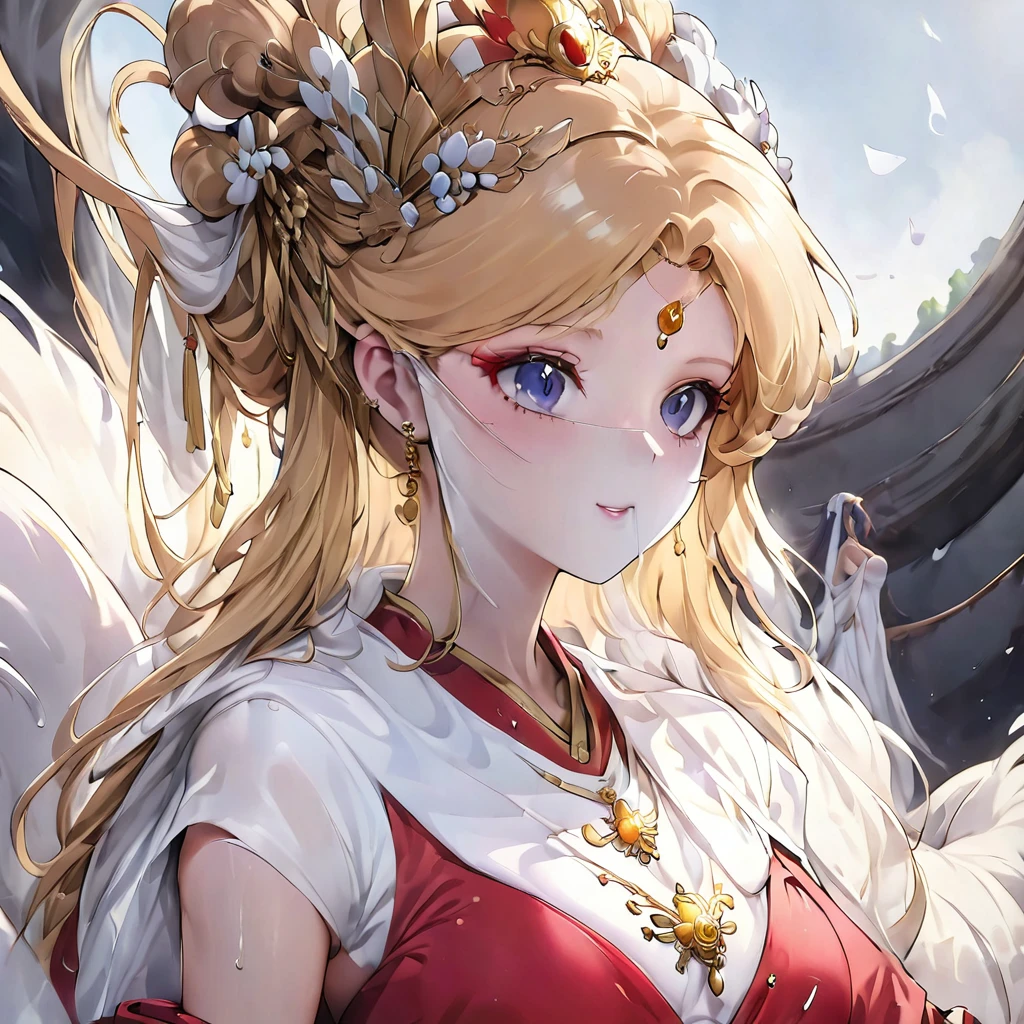 ((Highest quality)), ((masterpiece)), (detailed), （Perfect Face）、The woman is an empress wearing a gorgeous and glittering red Hanfu, luxurious jeweled accessories and a phoenix crown.、The woman is the elegant Empress Queen Serenity with blonde hair.２With her long hair tied up, she is Queen Serenity