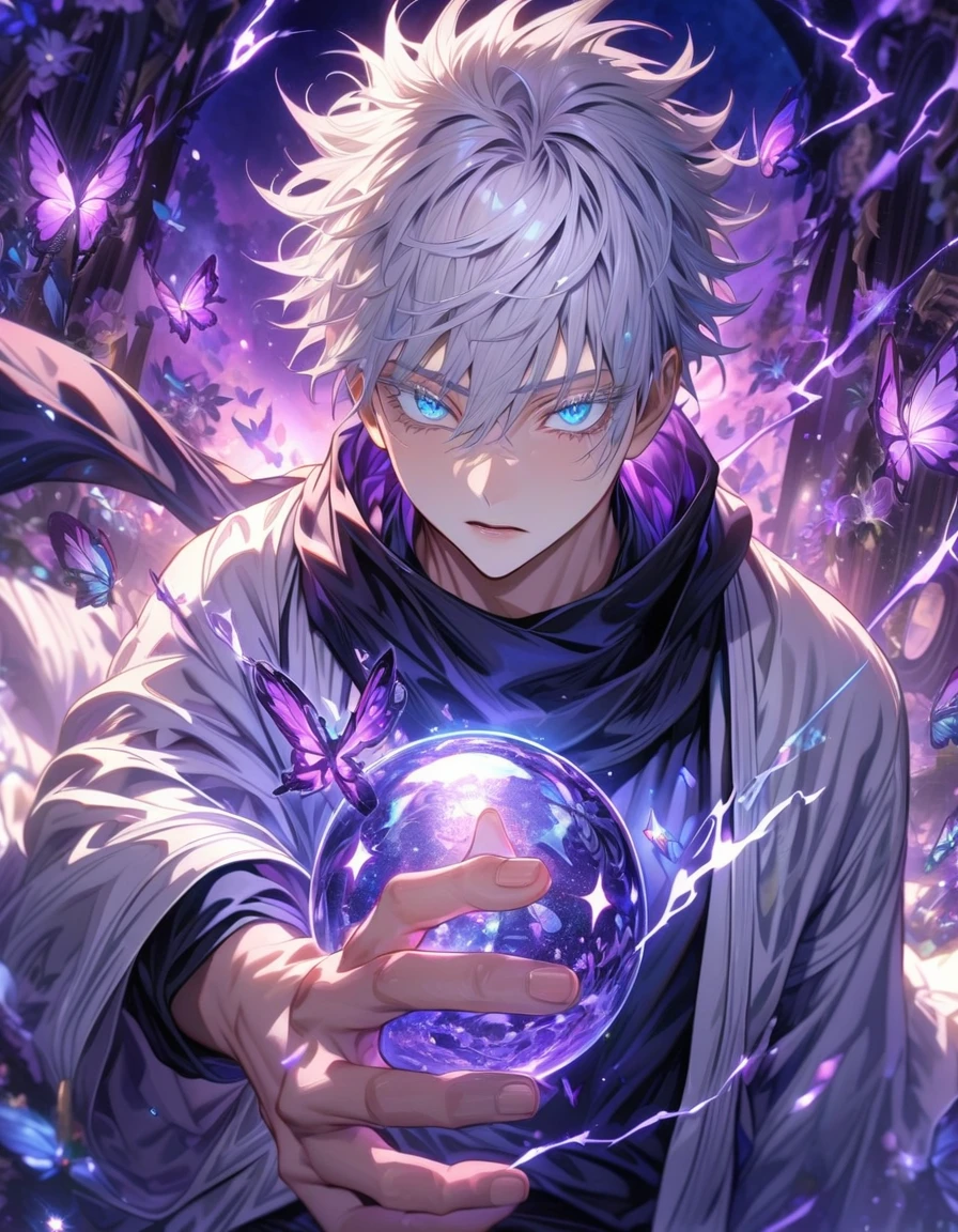 absurdres, highres, ultra detailed, HDR, master piece, best quality, (character trapped inside a crystal ball) Gojo Satoru, white hair, with bangs, hair between the eyes, expressive blue eyes, white eyelashes, Jujutsu Kaisen, solo, sexy man, handsome, white haori, black tight shirt, black scarf, fantasy, magical, sparkling, shining, purple lightning, floating round lights, starry sky, void, purple butterflies, purple moon