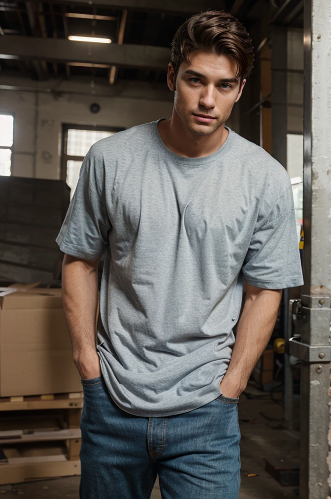 Handsome man in random clothes, hard worker