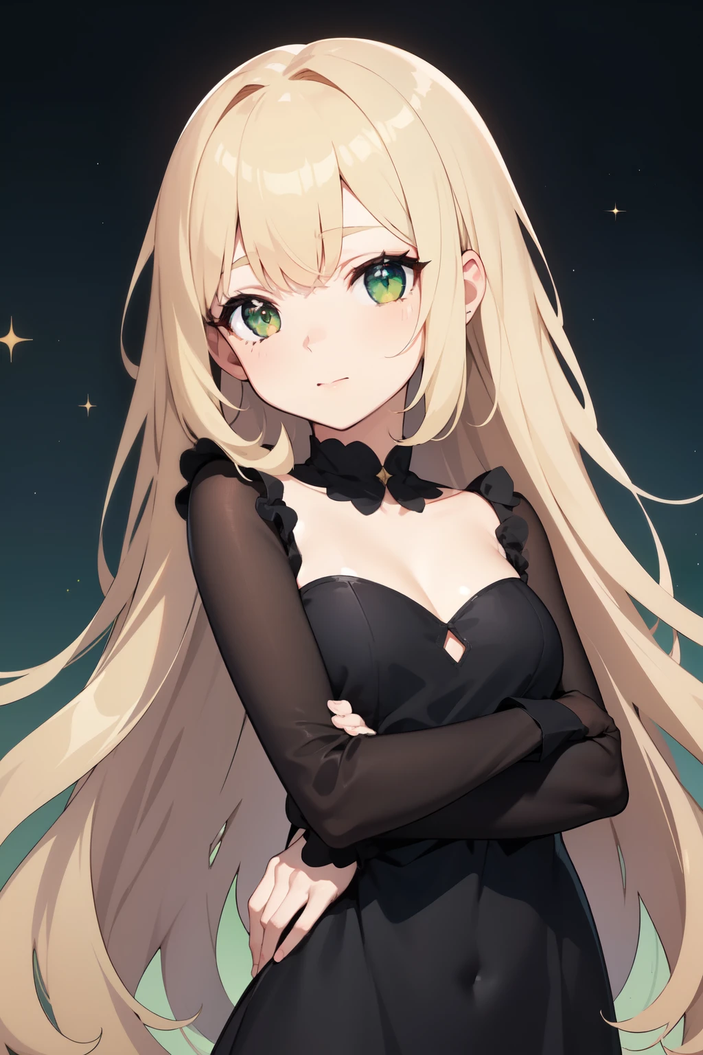 A cute girl, Extremely long light brown hair Curly pale skin Funky 2 one brown eye and the other green eye and wears a black dress with sparkle