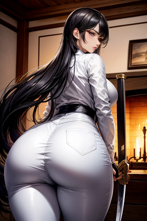 Masterpiece, high quality full length portrait of 1 woman (maduro)) YOUNG), Holding a katana, Long sleeve white buttoned shirt, shiny black leggings, beautiful thin face, detailed face, long hair, (black hair), BIG BREASTS, pale and light skin, detailed eyes, grey eyes, shy expression, set in a background inside a cabin with a fireplace, evening, view from behind, perfect ass