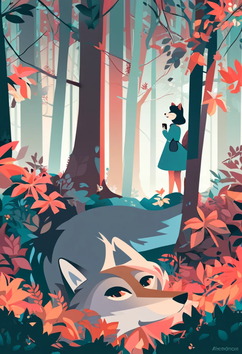 wallpaper of smartphone, A girl and a wolf meet in the forest, flat Design, vector illustrations, graphic illustration, detailed 2d illustration, flat illustration, digital illustration, digital artwork,