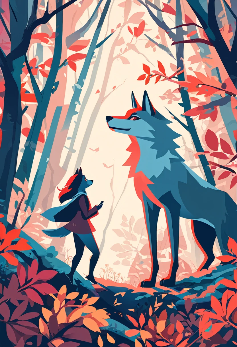 wallpaper of smartphone, A girl and a wolf meet in the forest, flat Design, vector illustrations, graphic illustration, detailed 2d illustration, flat illustration, digital illustration, digital artwork,