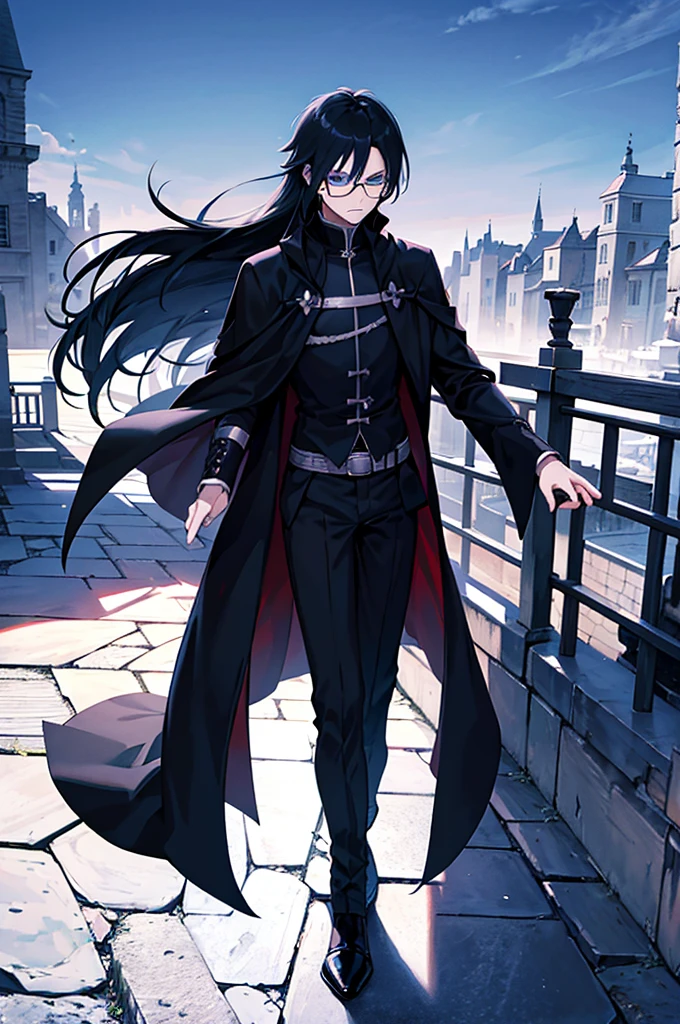 young man, magician, long black hair, blue eyes, wears glasses, wears black magician clothes, hair like Sasuke Uchiha's, cold personality. Manly, medieval city background, adventurous magician.