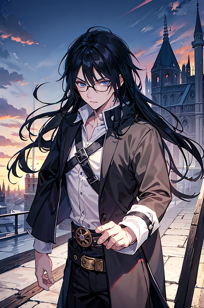 young man, magician, long black hair, blue eyes, wears glasses, wears black magician clothes, hair like Sasuke Uchiha's, cold personality. Manly, medieval city background, adventurous magician.