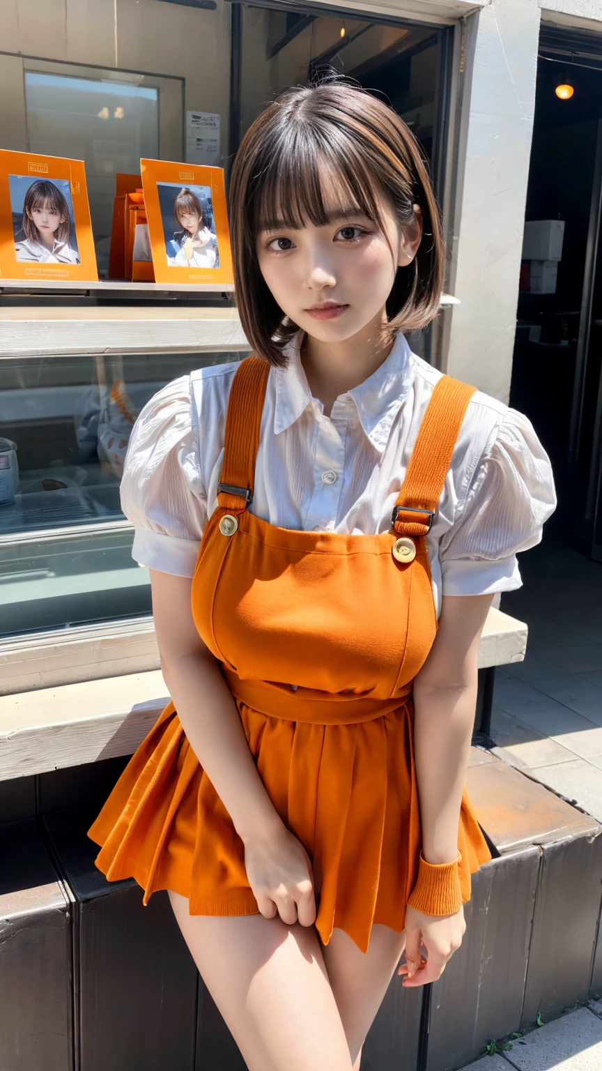 (8K, RAW Photos, Highest quality, masterpiece:1.2), (professional photography, full colors, studio-caliber color grading), (Gravure quality for high-end fashion magazines), BREAK,18 year old girl, short bob hair, crying a little, Harajuku style, Big Natural Color Lip, (Plumpy body:1.2), (smooth skin:1.1), (huge breasts:1.0), BREAK ((orange, tangerine) and white theme:1.4), (family restaurant waitress uniform:1.2), (wearing an (orange high waist jumper skirt, orange layered waist apron with orange shoulder straps) over a (white blouse with white buttons):1.4), (emphasize under boobs:1.5), (fusion of bouffant sleeve and short sleeve:1.3), (button up:1.2), (wearing a orange shoulder straps over a white blouse:1.2 ((bare arms, bare legs):1.2 (pumps:1.1