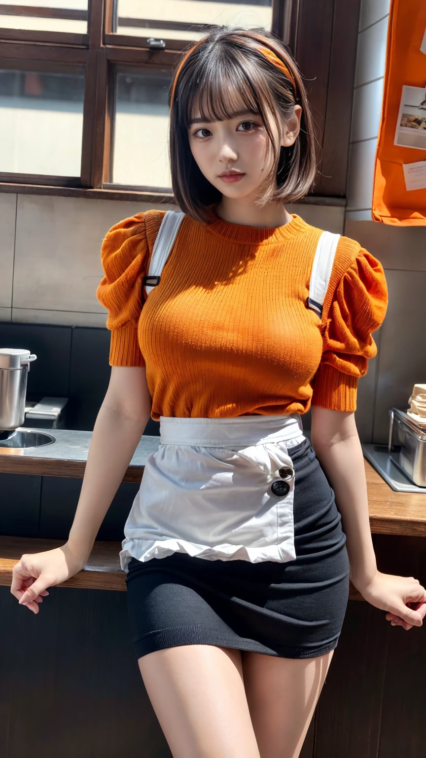 (8K, RAW Photos, Highest quality, masterpiece:1.2), (professional photography, full colors, studio-caliber color grading), (Gravure quality for high-end fashion magazines), BREAK,18 year old girl, short bob hair, crying a little, Harajuku style, Big Natural Color Lip, (Plumpy body:1.2), (smooth skin:1.1), (huge breasts:1.0), BREAK ((orange, tangerine) and white theme:1.4), (family restaurant waitress uniform:1.2), (wearing an (orange high waist jumper skirt, orange layered waist apron with orange shoulder straps) over a (white blouse with white buttons):1.4), (emphasize under boobs:1.5), (fusion of bouffant sleeve and short sleeve:1.3), (button up:1.2), (wearing a orange shoulder straps over a white blouse:1.2 ((bare arms, bare legs):1.2 (pumps:1.1