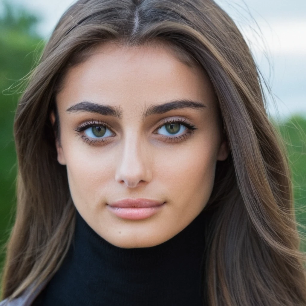 Texture de la peau, sans maquillage, Super high res closeup portrait photo oF a stunning woman outdoors with straight hair, porter un petit tour de cou autour du cou,F /2.8, canon, 85mm,cinématique, haute qualité,regarder le spectateur,    perFect eyes