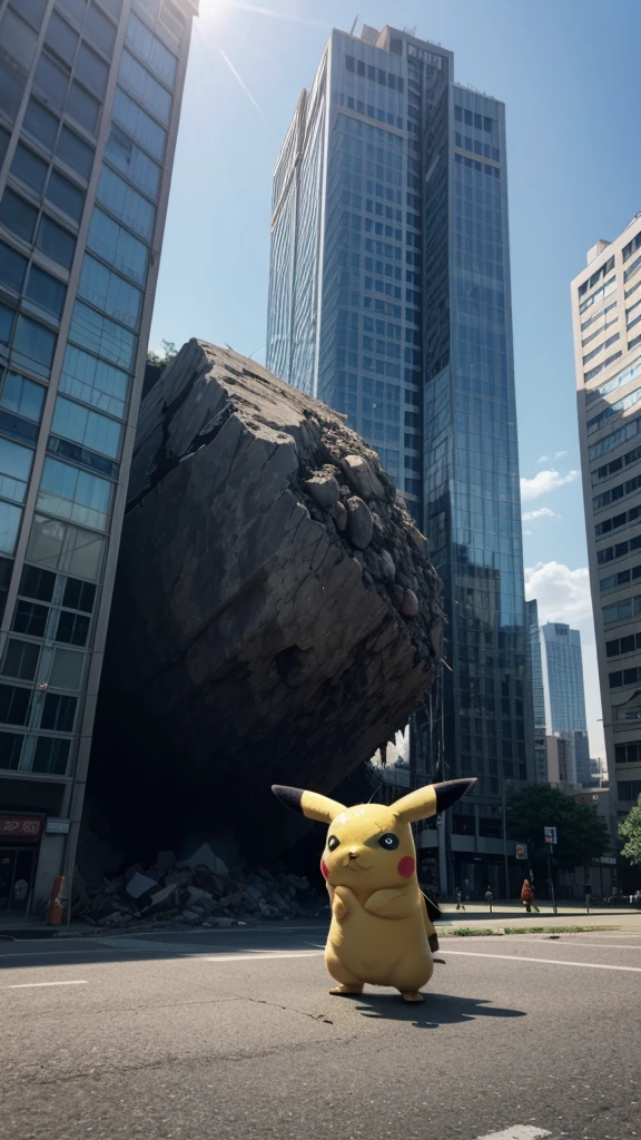 a photograph of pikachu standing on the ground after throwing a giant boulder. The boulder is crashing into a skyscraper and is causing destruction. exaggerated proportions.