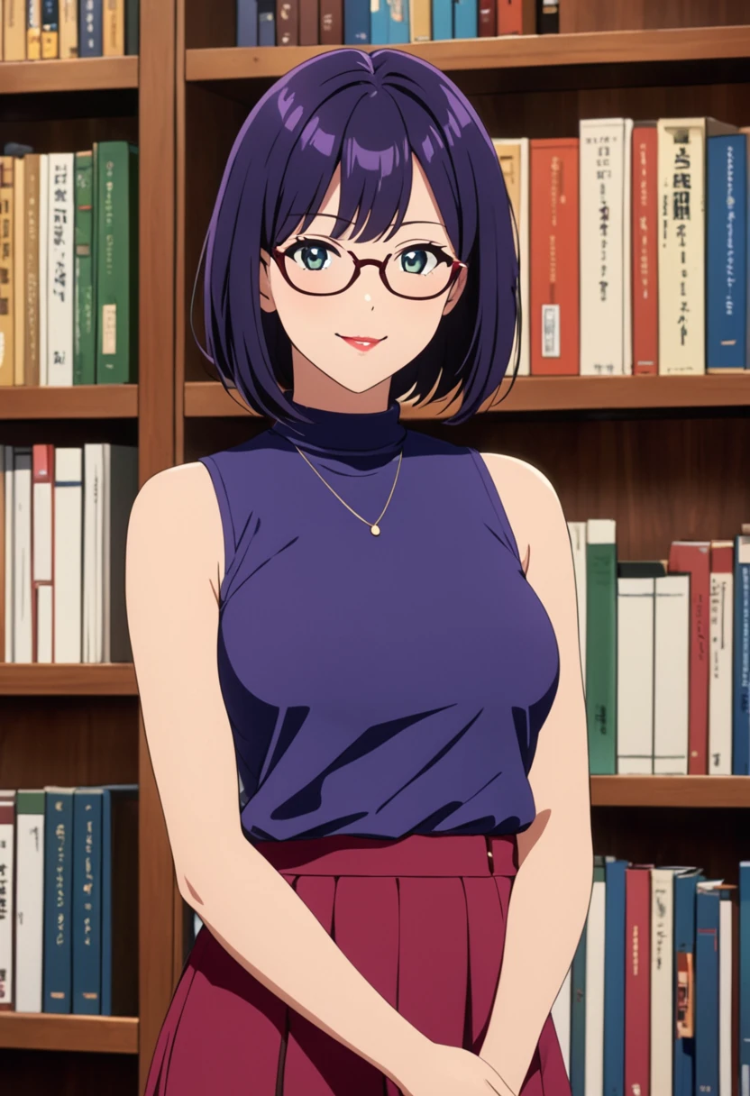 (A 27 year old anime girl in blue purple casual high neck sleeveless t-shirt standing in front of a bookshelf:1.3), Alone, female anime character, anime visual of a young woman, bob haircut, red painted lips, thick lips, black hair, wearing glasses, big breast, Green eyes, smiling, anime screencap, cowboy full shot, (masterpiece:1.1), (best quality:1.1), (super detailed:1.1)