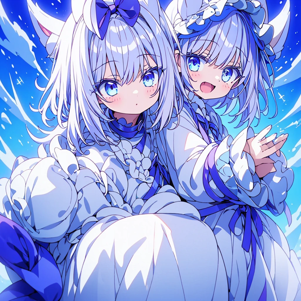 Height: 3 feet 6 inches、White haired and blue eyed cat girl. There is a little purple in the white hair.. She is very cute、I always look happy. She is wearing an oversized white hoodie.. She is about . Create expressive images