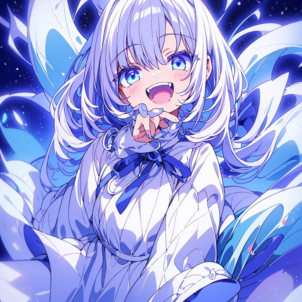 Height: 3 feet 6 inches、White haired and blue eyed cat girl. There is a little purple in the white hair.. She is very cute、I always look happy. She is wearing an oversized white hoodie.. She is about 5 . Create expressive images