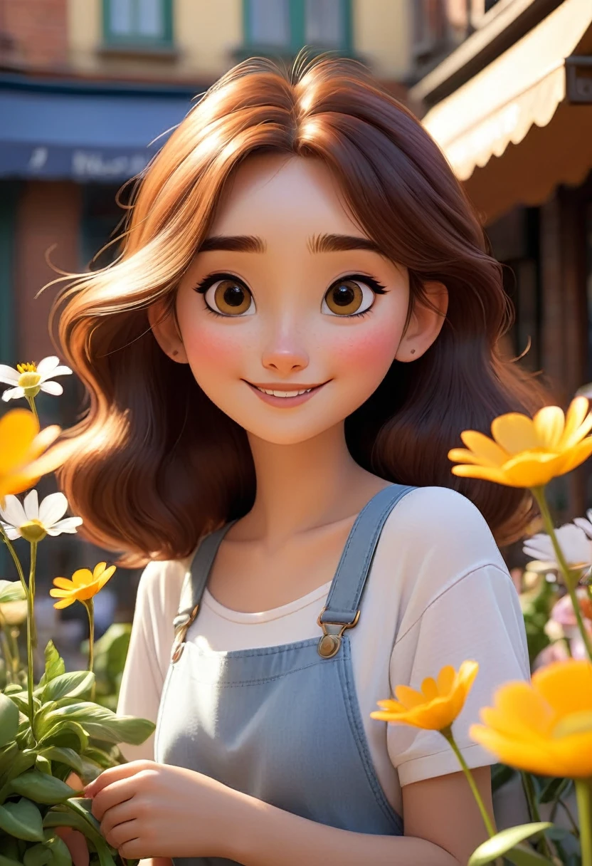(disney pixar style:1.2) (cute adorable girl:1.1) (adult 0:1.15), White, hazel eyes, happy and with a full body and flowers in hand and in Nashtan cafe with friends