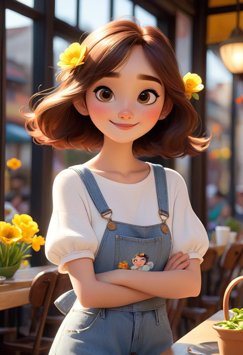 (disney pixar style:1.2) (cute adorable girl:1.1) (adult aged 20:1.), White, hazel eyes, happy and with a full body and flowers in hand and in Nashtan cafe with friends