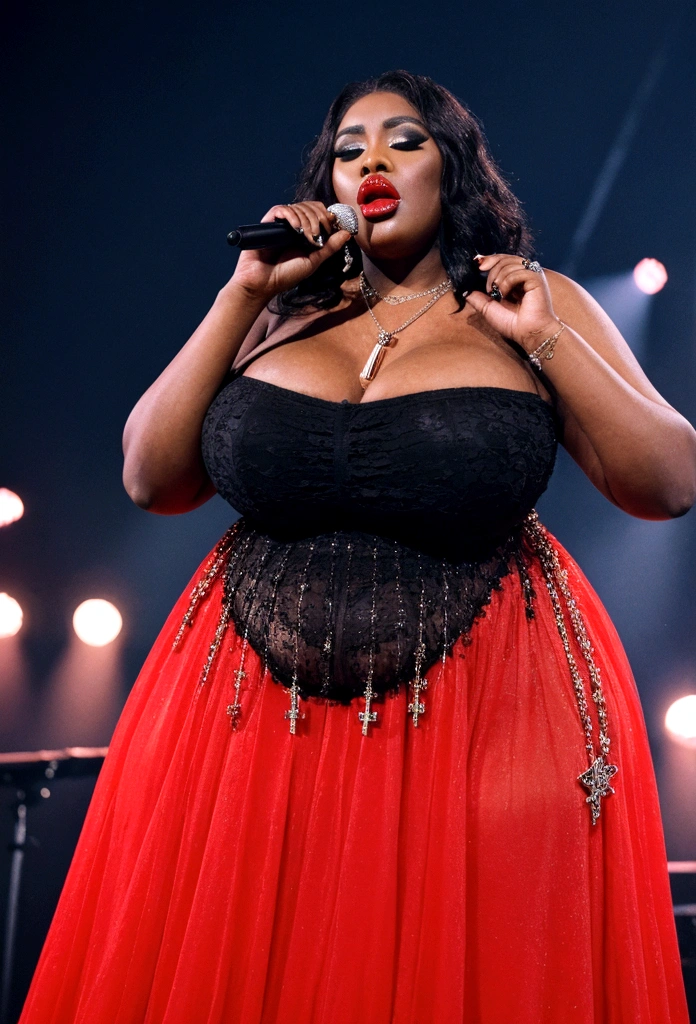 Busty 250 pound obese black female rapper on stage. She has (( unreal, oversize, large saggy tits showing massive gross cleavage:1.2)) and holding a (microphone:1.1). ((she is wearing heavy makeup, bright res lipstick, a cross pendant, and a red dress))