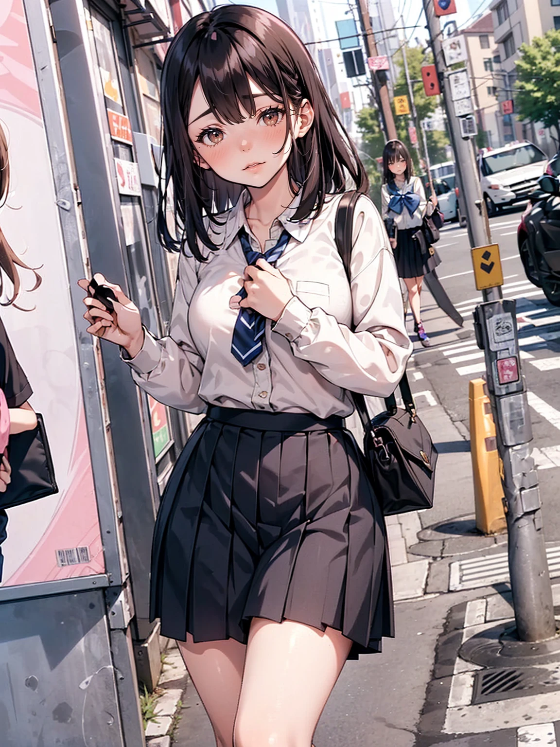 (Love Juice:1.3,Remote vibrator, blush),Are standing, Navy pleated skirt, On the way to school, blush