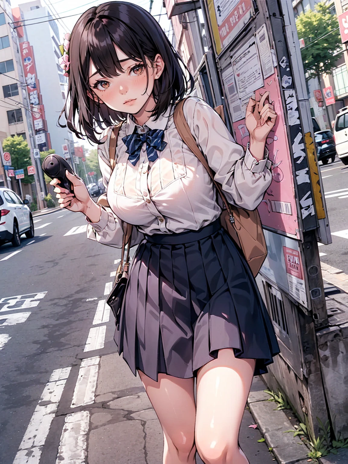 (Love Juice:1.3,Remote vibrator, blush),Are standing, Navy pleated skirt, On the way to school, blush