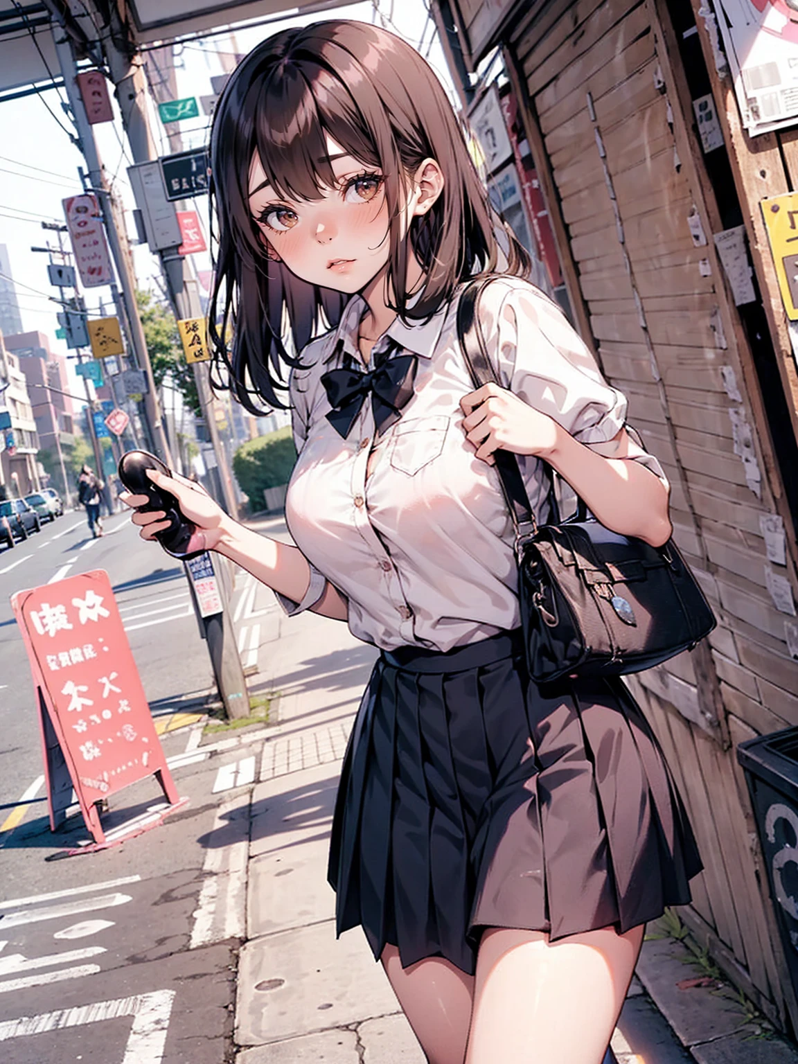 (Love Juice:1.3,Remote vibrator, blush),Are standing, Navy pleated skirt, On the way to school, blush