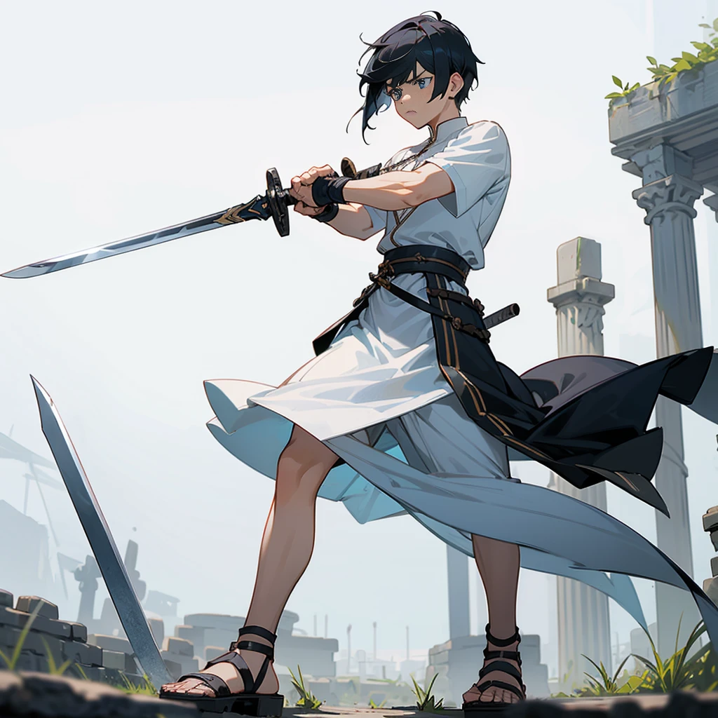 1boys, Full body version, blue eyes, undercut hair, black colour hair, very angry expression, white tunic Ancient Roman clothing, short sleeve shirt, gladiator skirt, gladiator armor, gladiator sandals, Spatha sword in hand, war gesture, Grassroots background
