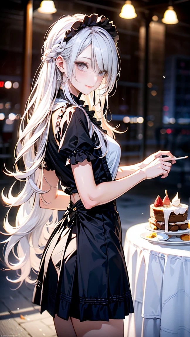 (masterpiece, Highest quality), (Ultra-high resolution, 8k RAW photos, Photorealistic:1.5, Fabric Shading, Thin contours), Beautiful mature woman preparing a tea party in the garden, (Tea set, you can, Tea cup, Some cakes on a plate), Gothic Table, 伝統的なダークブラウンのMaid clothesを着用, Maid clothes:1.2, Long Flared Skirt, apron, tall and leggy, Long white hair, Wearing borderless grass, (Mature Woman:1.5, 28 years old, alone), ( Tight waist), (Long white hair, Hair on one eye, Updo, Side Lock, Asymmetrical Hair, Wavy Hair), (Bright Eyes, Fine grain, A face with attention to detail, perfect face shape, Bloodshot eyes), (A seductive smile, Half-close your eyes), (Looking at the audience:1.3), (Dynamic Angle, Thigh focus, From side to bottom:1.2), ((Correct Anatomy:1.5, The right move)), (Ideal body proportions), Outdoor, Glass Garden,