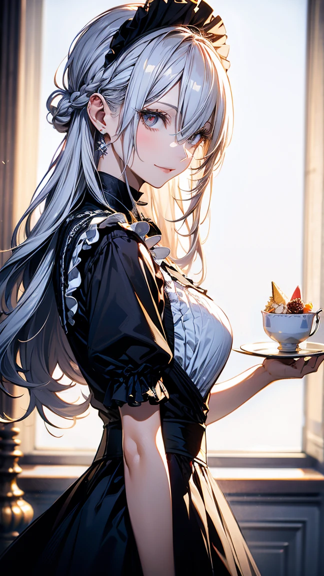 (masterpiece, Highest quality), (Ultra-high resolution, 8k RAW photos, Photorealistic:1.5, Fabric Shading, Thin contours), Beautiful mature woman preparing a tea party in the garden, (Tea set, you can, Tea cup, Some cakes on a plate), Gothic Table, 伝統的なダークブラウンのMaid clothesを着用, Maid clothes:1.2, Long Flared Skirt, apron, tall and leggy, Long white hair, Wearing borderless grass, (Mature Woman:1.5, 28 years old, alone), ( Tight waist), (Long white hair, Hair on one eye, Updo, Side Lock, Asymmetrical Hair, Wavy Hair), (Bright Eyes, Fine grain, A face with attention to detail, perfect face shape, Bloodshot eyes), (A seductive smile, Half-close your eyes), (Looking at the audience:1.3), (Dynamic Angle, Thigh focus, From side to bottom:1.2), ((Correct Anatomy:1.5, The right move)), (Ideal body proportions), Outdoor, Glass Garden,