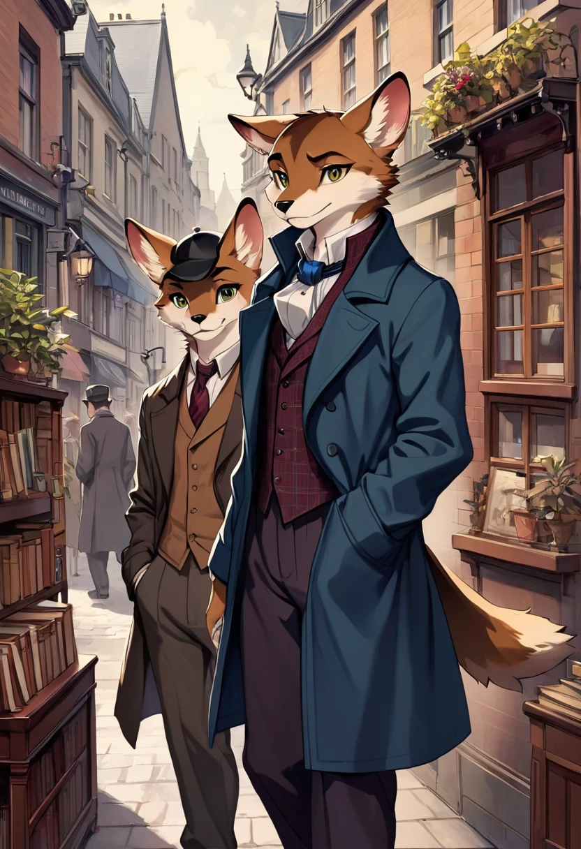 novel illustration, cover page of mystery, highres, top quality, best quality, paid reward available, unparalleled masterpiece, perfect artwork, absurdres, High-quality illustrations, perfect anatomy(2boys, SHERLOCK Holmes, kemono, furry anthro),