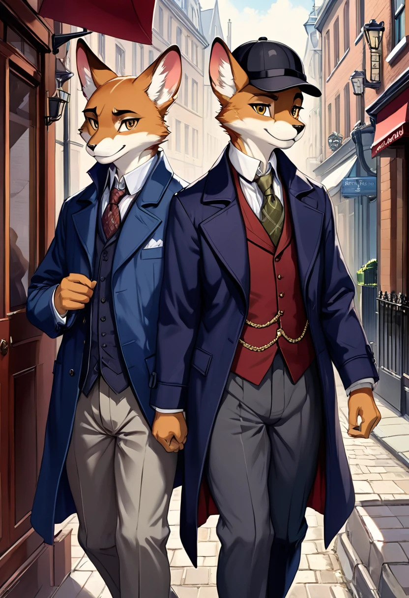 novel illustration, cover page of mystery, highres, top quality, best quality, paid reward available, unparalleled masterpiece, perfect artwork, absurdres, High-quality illustrations, perfect anatomy(2boys, SHERLOCK Holmes, kemono, furry anthro),