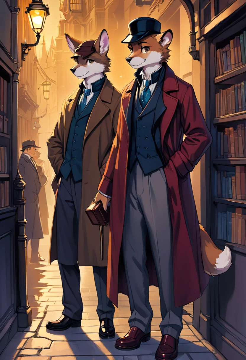 novel illustration, cover page of mystery, highres, top quality, best quality, paid reward available, unparalleled masterpiece, perfect artwork, absurdres, High-quality illustrations, perfect anatomy(2boys, SHERLOCK Holmes, kemono, furry anthro),